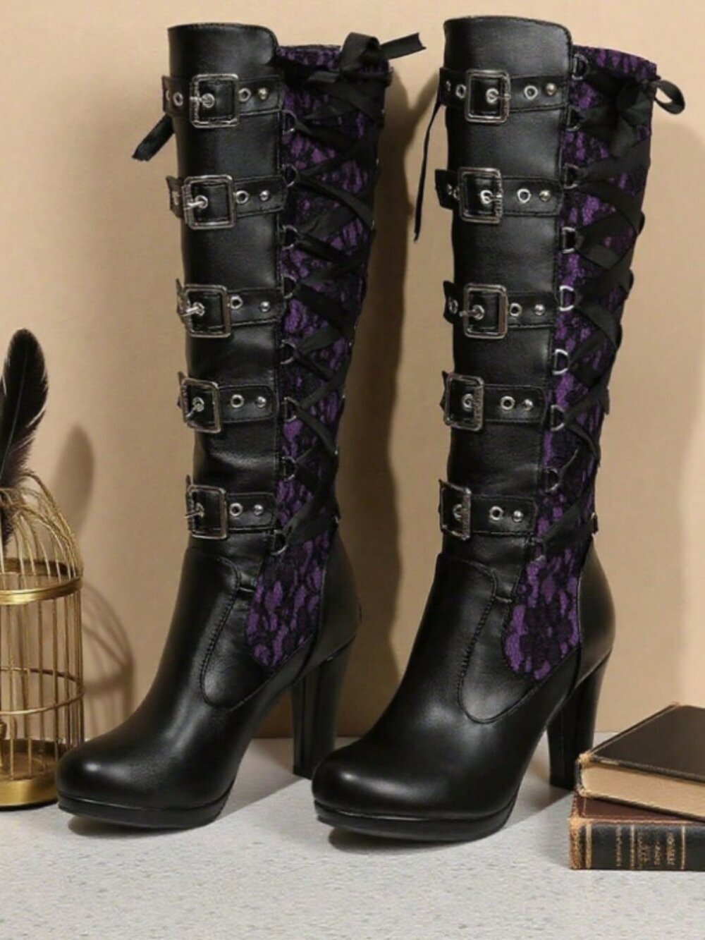 Women Goth Knee High Boots Buckle Block Heel Lace Up Boots